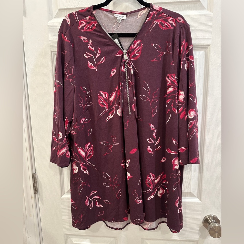 Avenue zipper v neck floral 3/4 sleeve blouse size 26/28 NWT